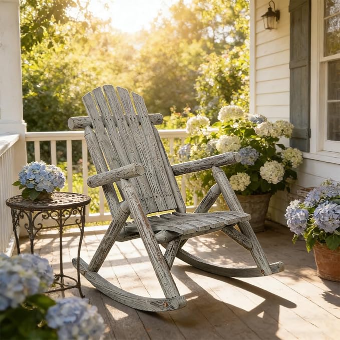 Adirondack Rocking Chair, Solid Fir Wood Patio Rocker with Ergonomic Comfort for Porch, Patio, Garden, Backyard(Gray)