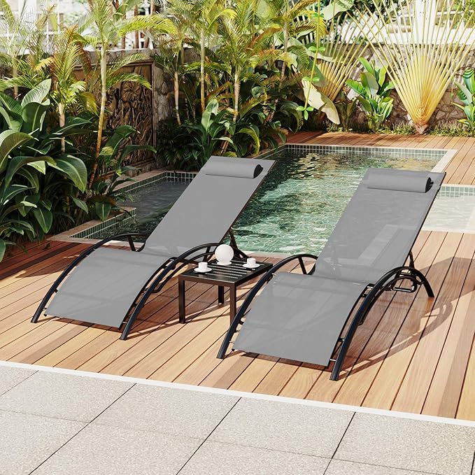 Aluminum Outdoor Chaise Lounge Set of 3,Patio Textilene Lounge Chairs w/Metal Table&Headrest,Sunbathing Recliner w/5 Adjustable Backrest for Outside Yard Balcony Garden Pool Beach Deck,Grey