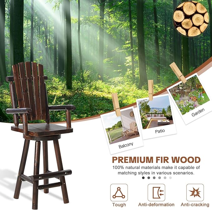 HOMEDIARY Solid Wood Swivel Adirondack Bar Chairs Set of 2, Outdoor Bar Height Barstools Chairs Set with High Back and Footrest, 29.9" High Top Chair for Deck Pub, 500 LBS Capacity, Carbonized