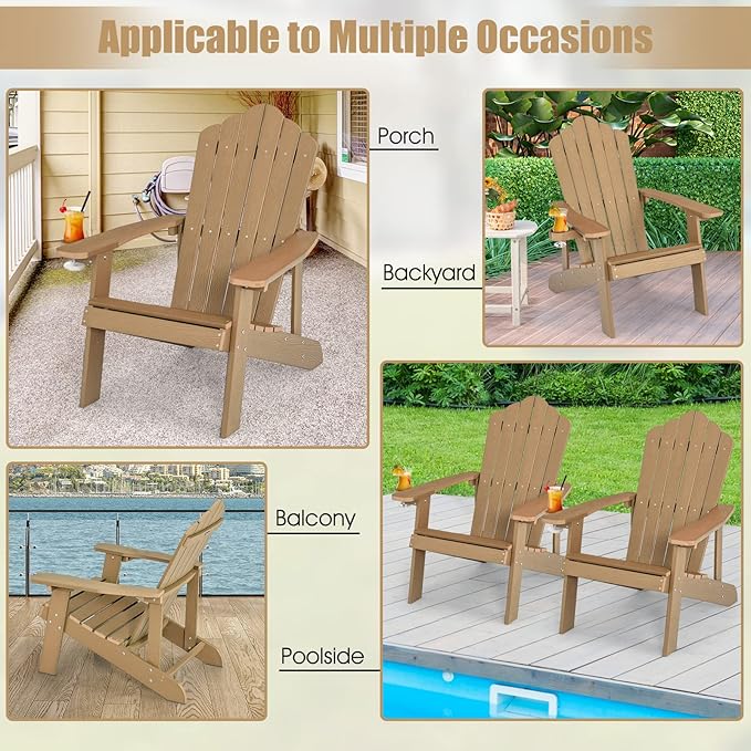 Giantex Outdoor Adirondack Chair - Oversized Patio Chairs w/Hidden Cup Holder, Realistic Wood Grain, 380 LBS Weight Capacity, Weather Resistant Firepit Chairs for Backyard, Garden (1, Teak)
