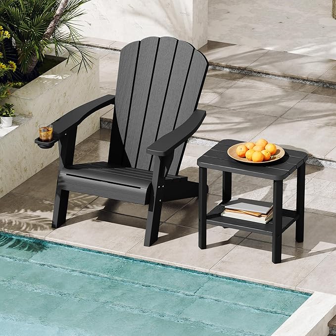 Adirondack Square Outdoor Side Table, 2-Tier Small Outdoor Table for Patio, HDPE End Table for Backyard, Pool, Lawn, Indoor Companion, Easy Maintenance(Black) (Striped Black, Set of 1)