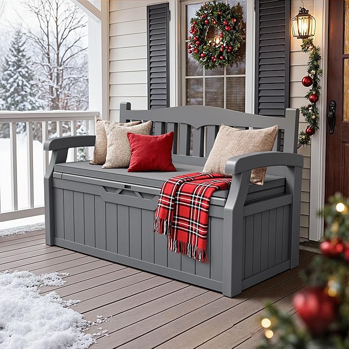 JUMMICO 80 Gallon Resin Outdoor Storage Bench with Cushion, Large Deck Box with Armrest, Lockable&Waterproof for Garden, Home, Patio, Pools (Grey, 80 Gallon)