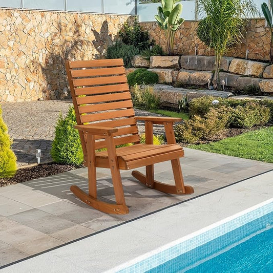 Bonnlo Outdoor Wooden Rocking Chair with High Backrest, Solid Fir Wood Rocking Chair, Heavy Duty 600 LBS Patio Rockers for Garden, Yard, Patio