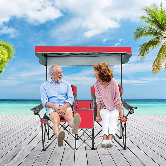 S AFSTAR Double Camping Chair w/Shade Canopy, 2-Person Folding Camp and Beach Chair with Mini Table Beverage Cup Holder Carrying Bag, Collapsible Camping Chairs for Garden Patio Pool Beach