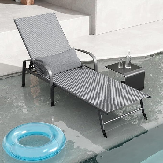 Outdoor Chaise Lounge Chair Adjustable Pool Lounge Chairs with Lumbar Pillow Outside Tanning Chairs for Beach Deck Backyard Lawn