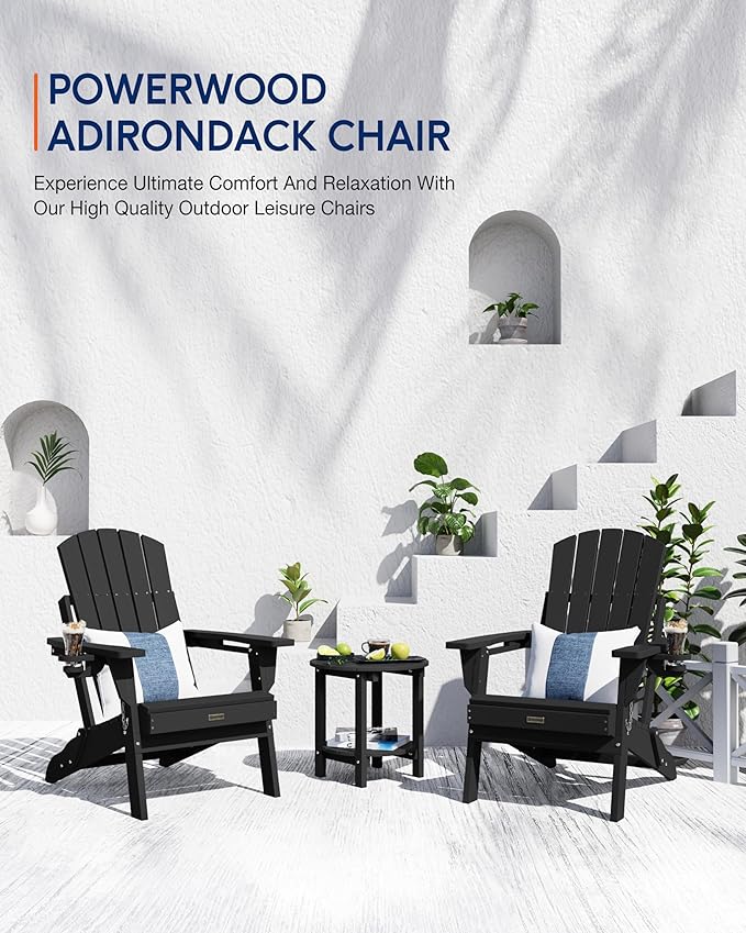 Adirondack Chairs Set of 4 for Outdoor Patio: Sturdy HDPE Plastic Fire Pit Chairs with Cup Holder & Wood Texture - Comfortable Easy to Assembly All-Weather Furniture - Easy Foldable and Stackable