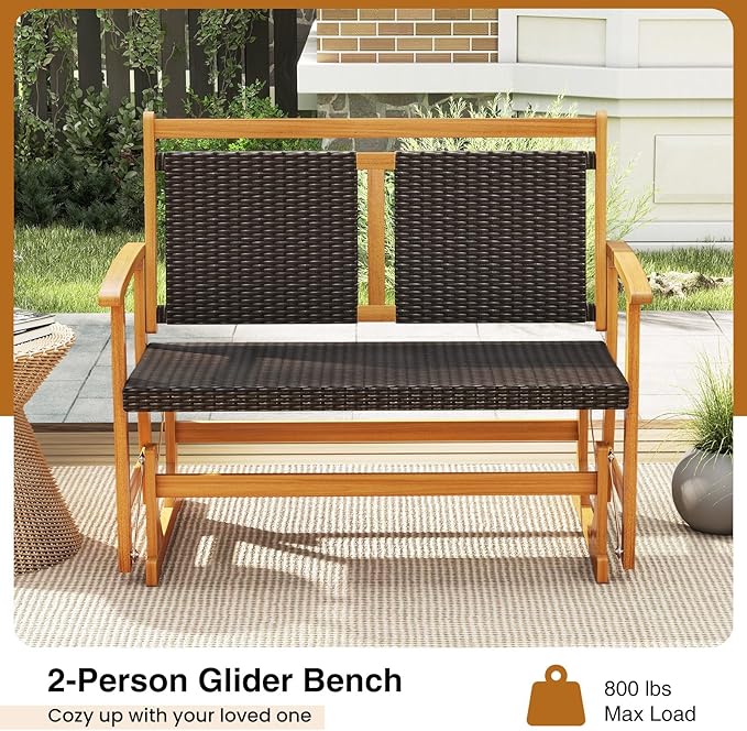 HAPPYGRILL Outdoor Glider Bench Acacia Wood Porch Glider with Rattan Seat and Backrest, Curved Armrests, 2-Person Swing Rocking Chair for Patio, Backyard, Garden, Balcony