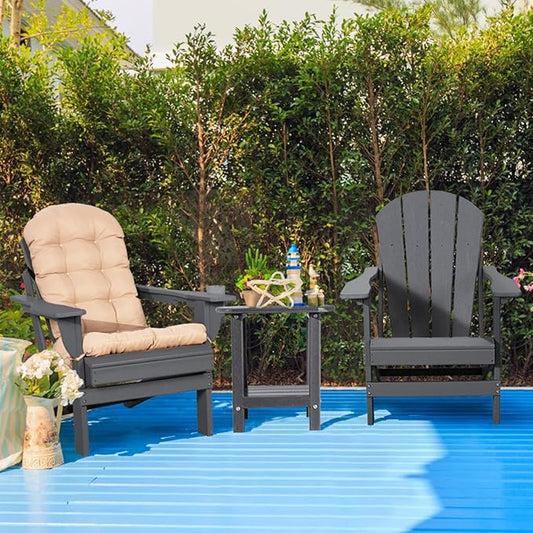 Oversized Adirondack Chair with Cushion & Cup Holder, HDPE Weather Resistant Folding Adirondack Chair for Adults, Outdoor Fire Pit Chairs for Patio/Porch/Swimming Pool/Garden (1, Black)
