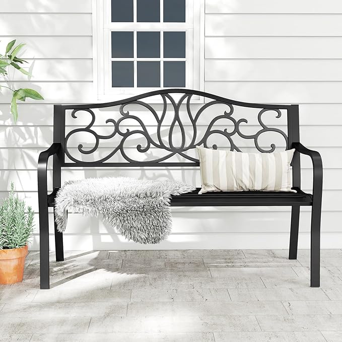 Giantex 50 Inches Outdoor Bench with Floral Pattern, Ergonomic Backrest & Slatted Surface, Metal Frame, 660lbs Capacity, 2-3 People Loveseat, Patio Bench for Park, Garden, Yard, Porch, Outside, Black