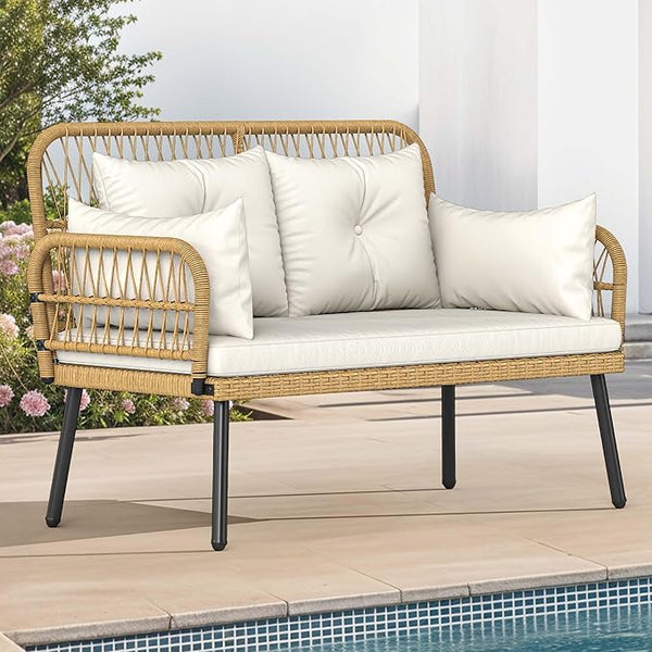 DWVO Outdoor Loveseat, Patio Wicker Furniture Set with Cushion & Adjustable Feet, Patio Couch for Garden, Balcony - Photo 1