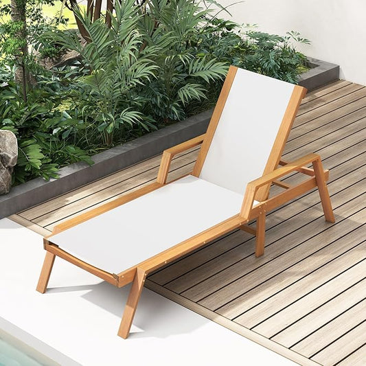 Tangkula Outdoor Wood Chaise Lounge Chair, Patio Sun Lounger with Adjustable Back, Eucalyptus Wood Lounge Chair with Breathable Fabric for Poolside Lawn Backyard (1, 75.5 inches)