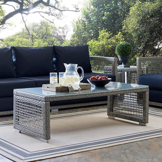 Modway Aura Wicker Rattan Outdoor Patio Tempered Glass Coffee Table in Gray