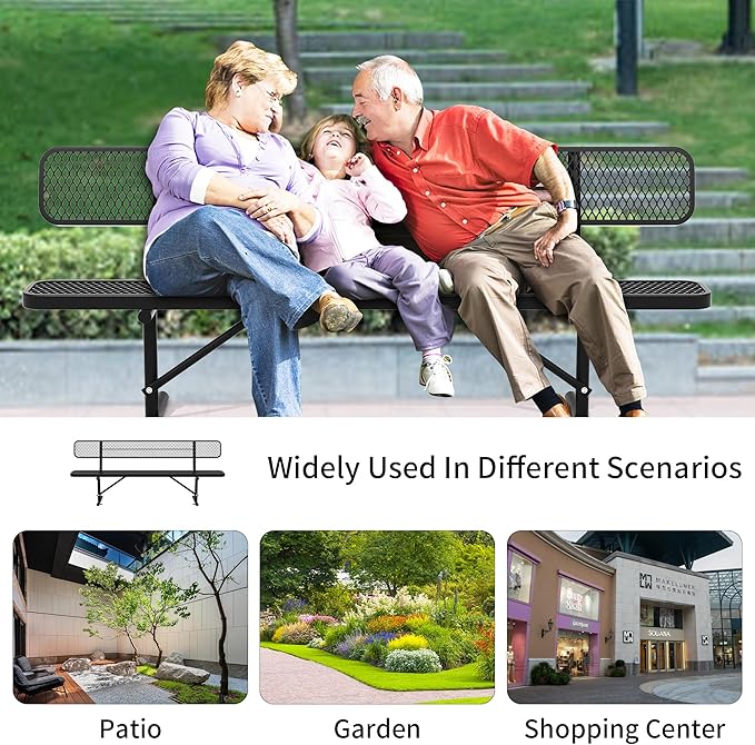 8FT Outdoor Metal Bench with Backrest & Portable Frame, Garden Patio Bench for 3-5 People, Park Benches for Outside Rust Proof, Commercial Heavy Duty Park Bench, Yard, Front Porch, School