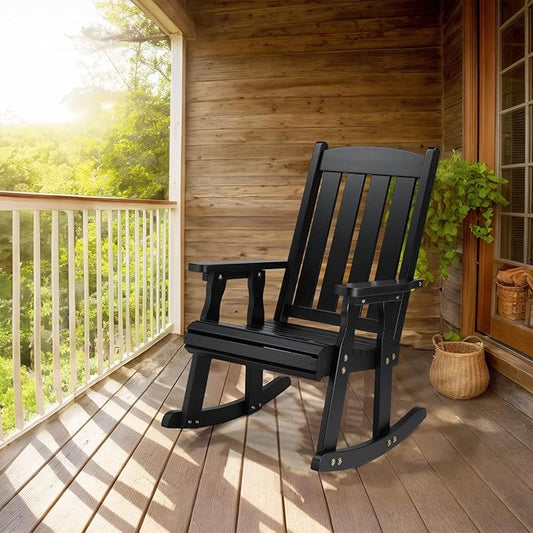VINGLI Outdoor Rocking Chair, Heavy Duty 600 LBS Wooden Rocking Bench with Comfortable Backrest, Weatherproof Patio Rocker with Ergonomic Design, Wood Rocking Chair for Patio, Garden (Black, 1PC)