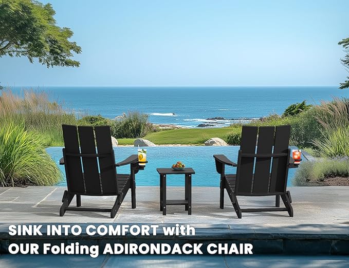 Adirondack Chair with Cup Holder Set of 2, Folding Outdoor Lawn Chair, HDPE Plastic Fire Pit Chair, Weather Resistant Patio Chairs for Deck, Porch, Backyard, Garden, Black