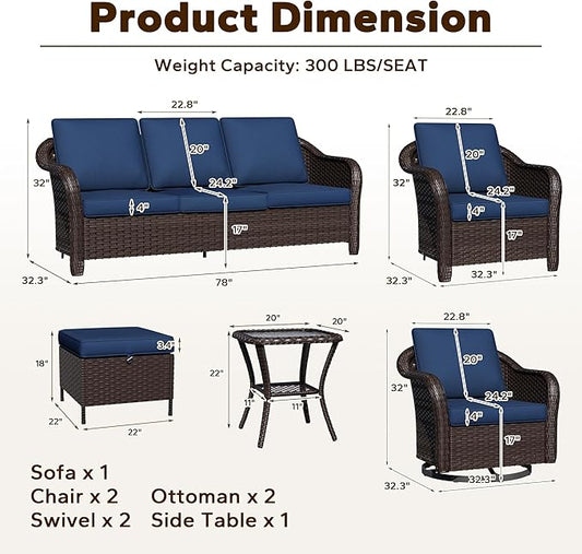 8 Piece Patio Wicker Conversation Set, All-Weather Use Outdoor Wicker Sofa with 2 PE Rattan Ottomans,2 Chair, 2 Swivel Chair, 1 Side Table, Ideal for Porch, Backyard, Balcony, Poolside, Blue