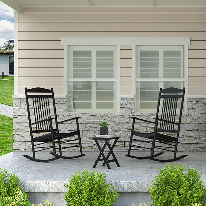 MUPATER Outdoor Rocking Chair Sets 3-Piece, Bistro Table and Chairs Set of 2,Patio Wooden Rocker Bistro Set with Foldable Table and Curved Seat,Black