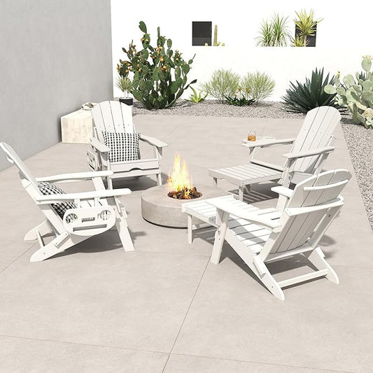 FOOWIN Folding Adjustable Adirondack Chair with Retractable Ottoman Set of 4,HDPE Adirondack Chair w/4 in 1 Cup Holder Trays,All-Weather Resistant Fire Pit Chair for Outdoor Patio Lawn, White