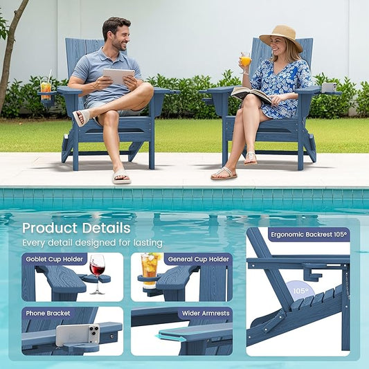 SERWALL Modern Folding Adirondack Chair Set of 6, Weather Resistant Outdoor Adirondack Chair with Dual Cup Holders, HDPE Fire Pit Chairs for Patio Lawn Garden, Blue