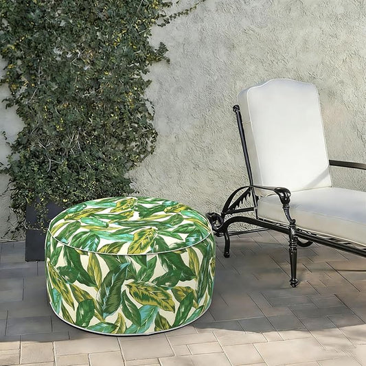 LVTXIII Indoor/Outdoor Extra Large Inflatable Ottoman Pouf D31 x H14 Inch, Round Footstool with Handle, Weather-Resistant Portable Furniture for Patio, Camping, Beach, Lush Leaf Jungle