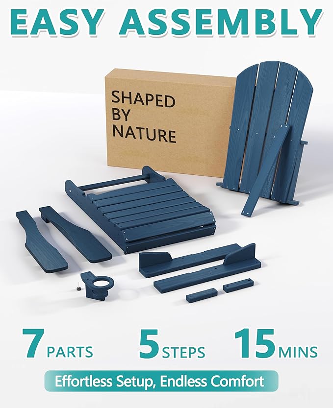 Outdoor Folding Adirondack Chair Set of 4 for Patio Fire Pit, Wooden Textured HDPE Adjustable Chairs with Cup Holder, Waterproof All Weather Resistant Plastic for Pool Lawn Garden Backyard(NavyBlue)