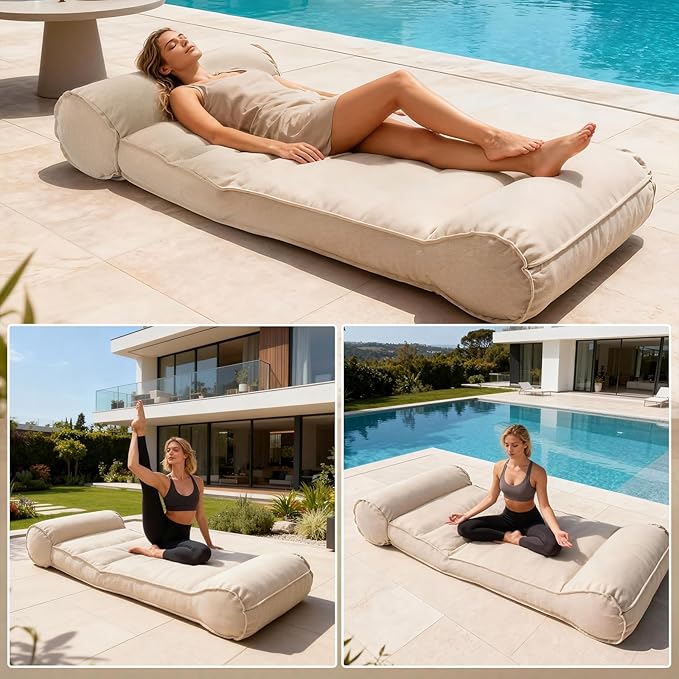 Dineli 83'' Outdoor Chaise Lounge Chair Patio Lounger for Outside, Pool Lounge Chairs Lazy Floor Lounger Meditation & Yoga Chair Waterproof Sunbed Outdoor Lounge Furniture for Garden Beach, Beige
