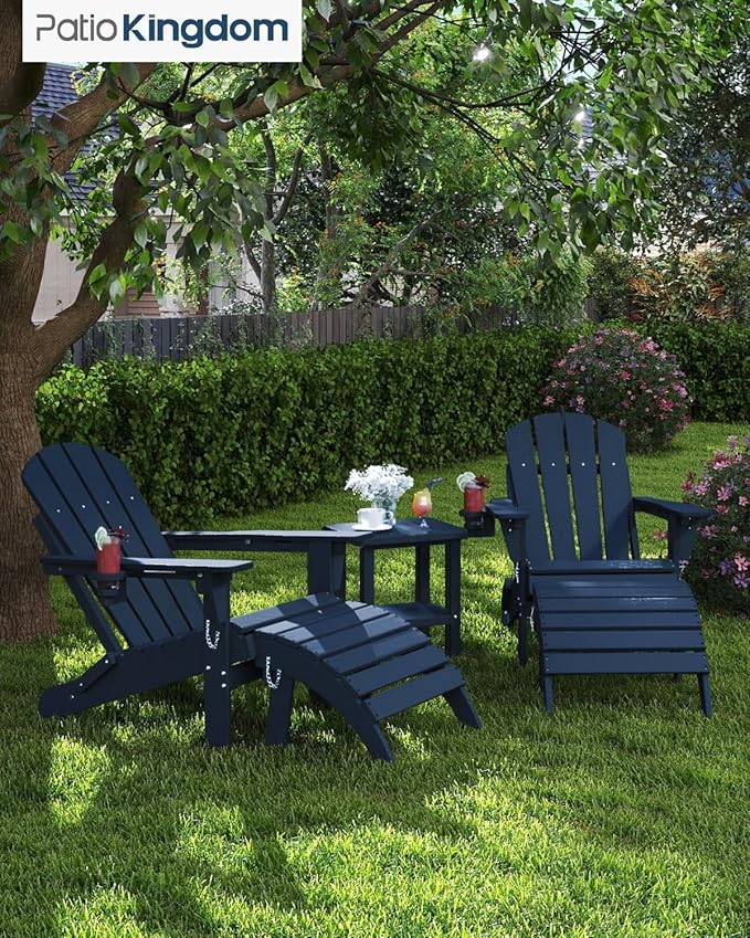 Adirondack Chair with Footrest,Folding Adirondack Chair with Retractable Ottoman,HDPE All Weather Fire Pit Chair with Cup Holder,2-Piece (Navy Blue, 1 Chair &1 footrest)