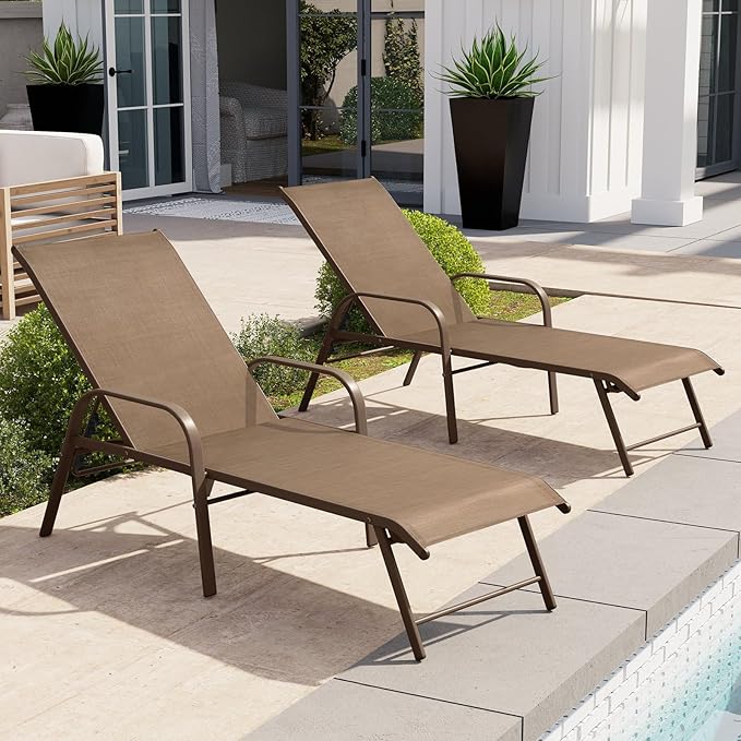 Crestlive Products Chaise Lounge Chair Outdoor with Armrests, Pool Lounge Chairs Set of 4, Aluminum Adjustable 5 Positions Sun Tanning Lounger for Patio, Poolside, Yard, Deck, Backyard (Brown)