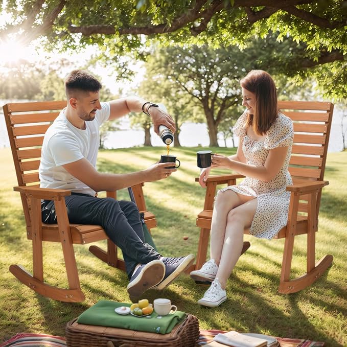 Bonnlo Outdoor Wooden Rocking Chair with High Backrest, Solid Fir Wood Rocking Chair, Heavy Duty 600 LBS Patio Rockers for Garden, Yard, Patio