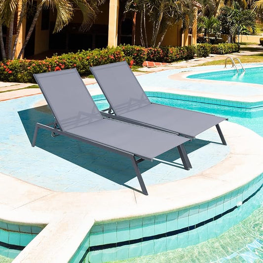 Giantex Patio Chaise Lounge Chair - Set of 2 Sunbathing Chair with Lay Flat Position, 6 Adjustable Positions, Outdoor Reclining Chair with Quick-Drying Fabric for Patio Poolside Backyard (2, Gray)