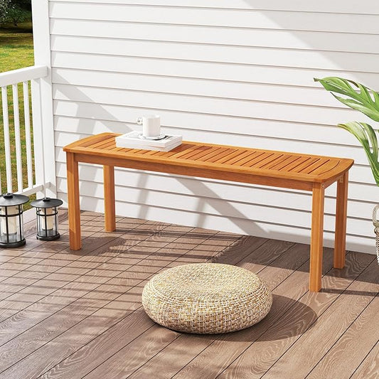 Tangkula Acacia Wood Outdoor Bench, 47" Patio Dining Bench with Slatted Seat, Backless Wooden Garden Bench, Farmhouse Furniture for Garden, Entryway, Poolside, Front Porch, Balcony, Park & Deck