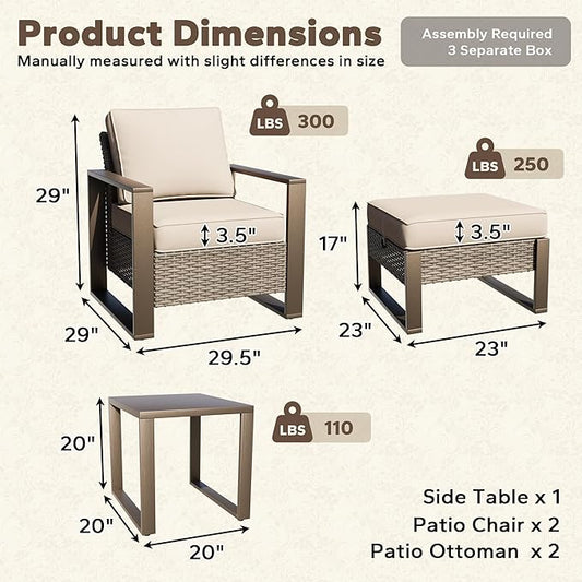 5 Pieces Metal Wicker Patio Furniture Set - Two Armchairs and Two Ottomans, One Side Table, All Weather Rattan Outdoor Conversation Furniture with Washable Cushion for Deck Porch, Beige