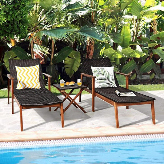 Tangkula 3 Pieces Outdoor Chaise Set, Wicker Rattan Lounge Chair w/Acacia Wood Frame, 4 Adjustable Positions Patio Wicker Lounge Set & Foldable Side Table, Suitable for Lawn, Backyard (Mix Brown)