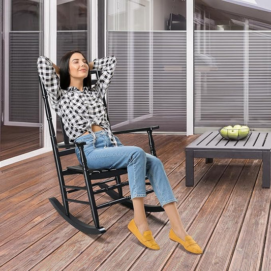 VINGLI Wooden Rocking Chair Outdoor, Patio Rockers with High Back, Support 450 LBS Rocking Chairs, for Porch, Patio, Balcony, Garden, Yard (Black, 1 PC)