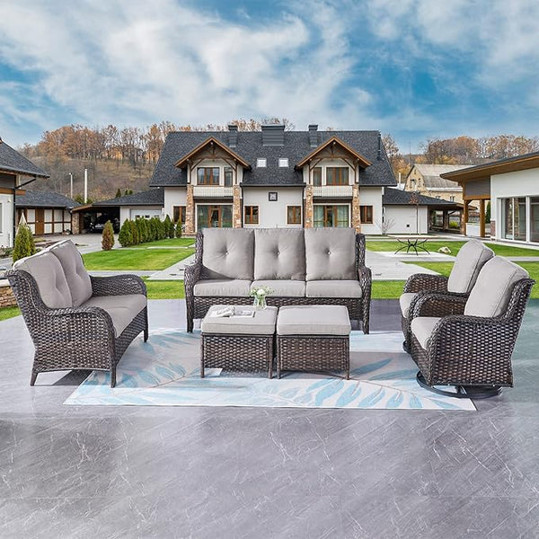 Rilyson Wicker Patio Furniture Set - 6 Piece Rattan Outdoor Sectional Conversation Sets with 2 Rocking Swivel Chairs - Photo 1