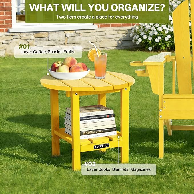 Outdoor Side Table Round - Patio Side Tables - HDPE Small Outdoor End Table for Backyard Pool Porch Balcony - Double Layer Storage - Yellow (Wood Grain Finish)