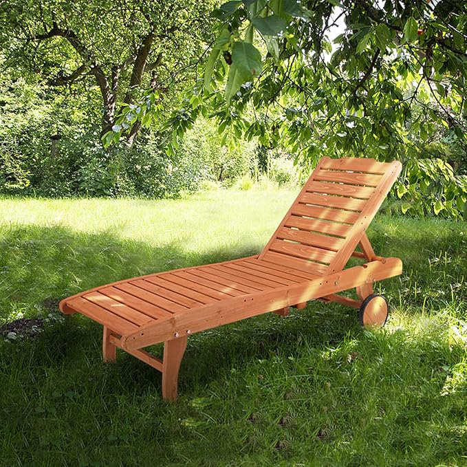 Outvita 62" Outdoor Wooden Chaise Lounge Chair, Adjustable Backrest Sun Lounger with Wheels for Beach, Poolside, Deck, Porch & Garden