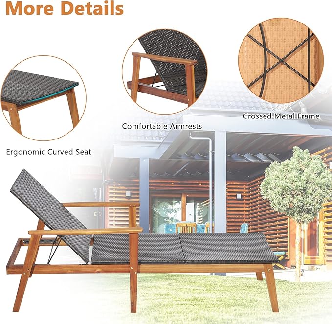 HAPPYGRILL 2PCS Patio Chaise Lounge Chair, Outdoor Rattan Recliner with 4-Level Adjustable Backrest, Solid Acacia Wood Frame, Ergonomic Lounge Chair for Backyard Poolside Balcony