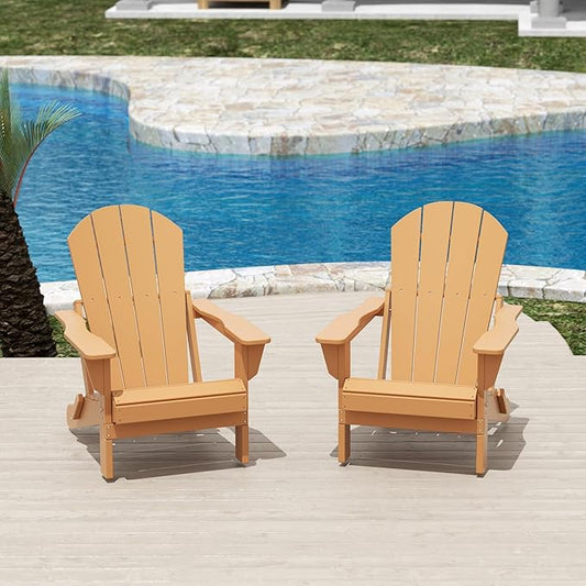 Costaelm Folding Patio Chairs Set of 2, Hdpe Adirondack Chairs Front Porch Furniture Outdoor Seating, All Weather Tanning Chair for Backyard Firepit Garden Lawn, Teak