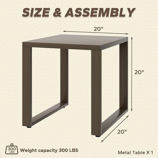 Outdoor Metal Side Table - 20"x 20" Small Square Coffee Table Patio Bistro Set Ideal Match for Patio Furniture, Wood-Looking Brown