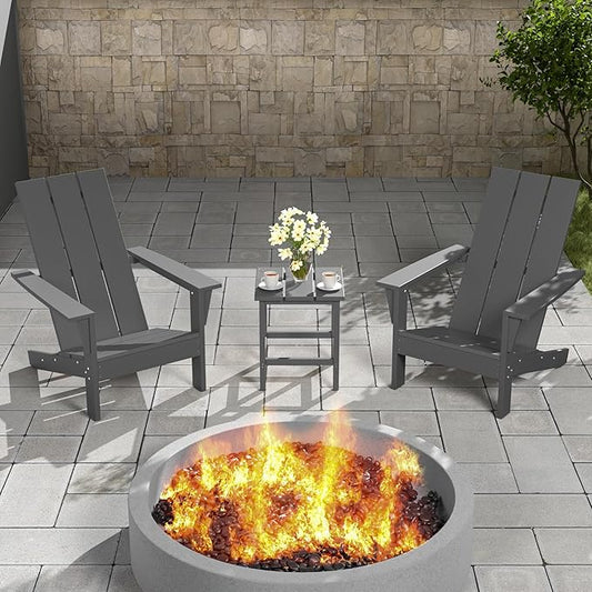 3 Pieces Adirondack Chair Set Outdoor Adirondack Chair Plastic HDPE All-Weather Adirondack Chairs Outdoor Fire Pit Chairs with Table for Deck Patio Garden(Grey)