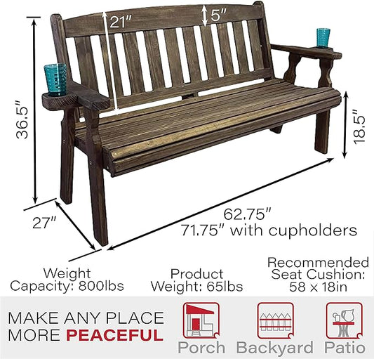 Amish Casual Heavy Duty 800 Lb Mission Pressure Treated Garden Bench with Cupholders (5 Foot, Dark Walnut Stain)