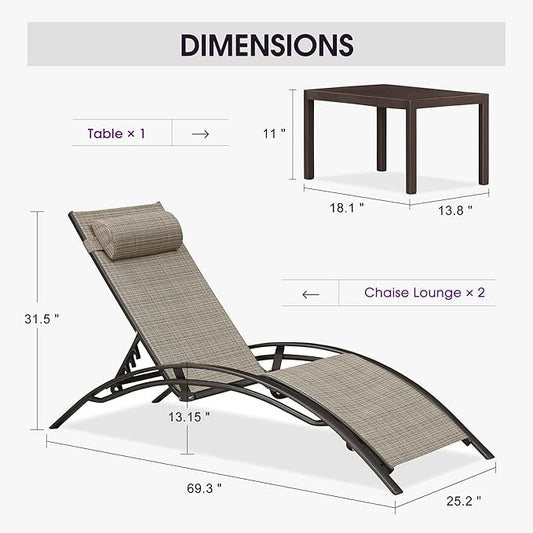 PURPLE LEAF Outdoor Chaise Lounge Chair Set of 3 Patio Pool Lounger Bronze Aluminum Chairs with Side Table Adjustable Tanning Recliner for Outside Backyard Yard Deck Balcony Beach Khaki