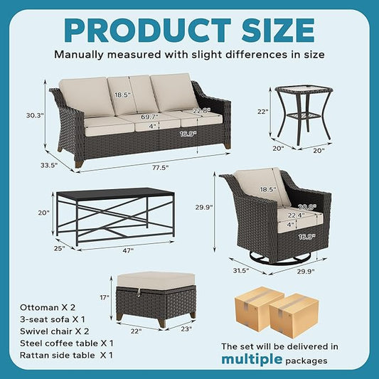 7 Pieces Outdoor Conversation Furniture Set - 77" Patio Sofa, 2 Swivel Rocker Chairs, 2 Ottomans, 1 Side Table, 1 Metal Table, Wicker Couch with Washable Cushions for Balcony (Beige)