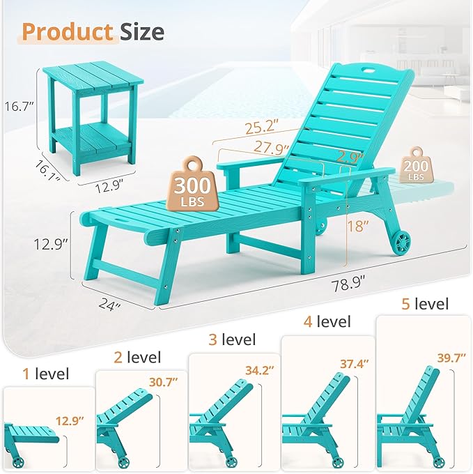 LUE BONA HDPS Chaise Lounge Chair Set of 2, Outdoor Pool Lounge Chairs with Adjustable Backrest, Resin Patio Lounge Chairs with Wheels for Outside, Aruba Blue