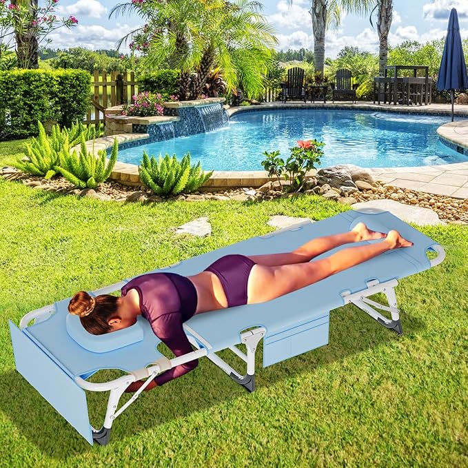 LILYPELLE Folding Chaise Lounge Chair with Mattress, 5 Position Beach Chairs with Face Hole, Patio Chaise Lounge Chair for Outside, Sunbathing, Camping, Pool, Beach, Poolside
