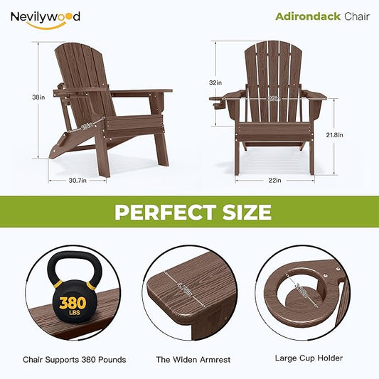 nevilywood Folding Adirondack Chair with Cup Holder Set of 2, HDPE Patio Chairs,All-Weather Outdoor Chairs for Backyard, Deck,Fire Pit-Coffee