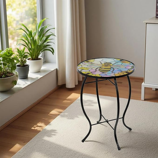 Small Side Table with Metal Frame, 10.5" Round Side Tables with Bee Pattern,Outdoor Table for Balcony,Terrace,Garden,Living Room