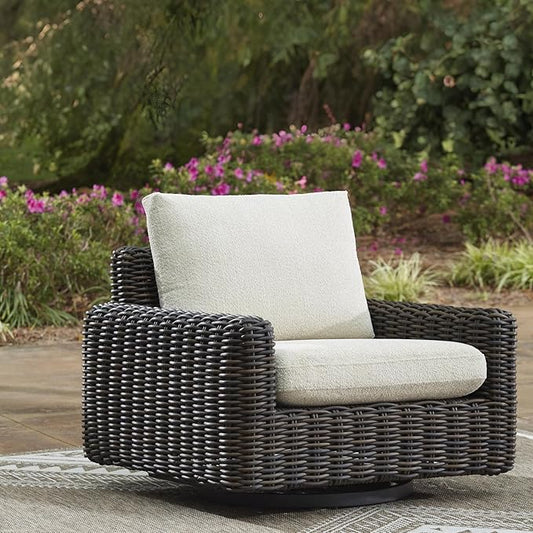 Signature Design by Ashley Kimora Casual Nuvella Weather Resistant Fabric, Resin Wicker Outdoor Swivel Glider Lounge Chair with Removable Cushions, Dark Brown & Beige