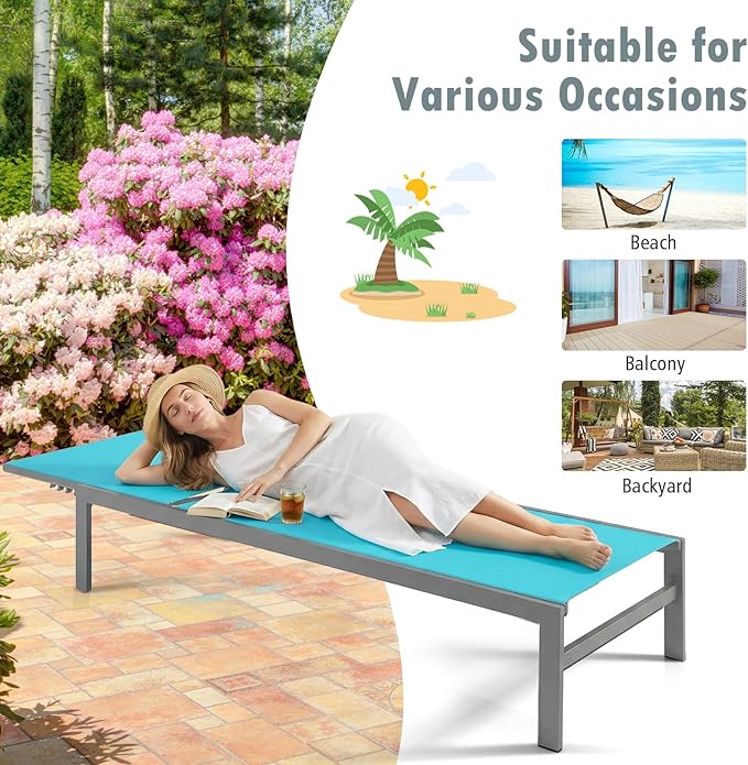Giantex Patio Chaise Lounge Chair, Outdoor Sunbathing Chair Lawn Reclining Lounger with 6 Adjustable Position, Aluminium Frame, Outside Tanning Chairs for Deck,Yard, Pool Lounge Chairs (2, Turquoise)